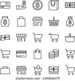 thin line vector icon set - paper bag vector, grocery basket, bank card, cart, put in, crossed, with handles, kiosk, coins, stall, shopping, front of the, dollar, get a wage, money, dollars, cash