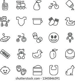 thin line vector icon set - baby powder vector, bib, Child T shirt, rubber duck, duckling, warm socks, toy mobile phone, children's potty, teddy bear, hairdo, train, yule, bicycle, tricycle, pear
