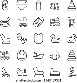 thin line vector icon set - toys over the cradle vector, mug for feeding, bottle, diaper, bib, baby, chair, car child seat, carriage, summer stroller, rubber duck, duckling, children's bathroom, toy
