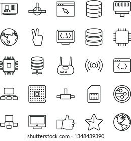 thin line vector icon set - star vector, thumb up, screen, big data, server, processor, SIM card, scheme, hierarchical, cpu, pc, router, network, browser, connect, coding, lan connector, wireless