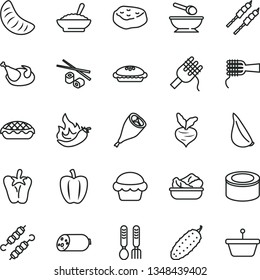thin line vector icon set - deep plate with a spoon vector, iron fork spoons, sausage, canned goods, spaghetti, noodles, cake, pie, apple, bowl of buckwheat porridge, lettuce in, chicken, grill leg