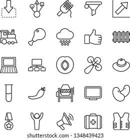 thin line vector icon set - hat vector, growth chart, baby rattle, cloud, medical bag, children's train, concrete mixer, new radiator, move down, spaghetti, chicken leg, plum, red pepper, beans, usb