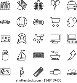 thin line vector icon set - monitor vector, powder, deep plate with a spoon, colored air balloons, earth, car, cart, bottle of soda, half pomegranate, hydroelectricity, drop, notebook pc, keyboard