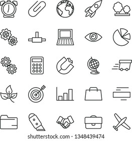 thin line vector icon set - sign of the planet vector, folder, minus, knife, alarm clock, eye, clip, leaves, trees, gears, horseshoe magnet, portfolio, rocket, handclasp, pie charts, hand bag, globe
