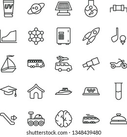 thin line vector icon set - flask vector, test tube, telescope, brain, graduate hat, growth graph, sun panel, saturn, rocket, lunar rover, 3d cube, resistor, train, bus, sail boat, taxi, motorcycle