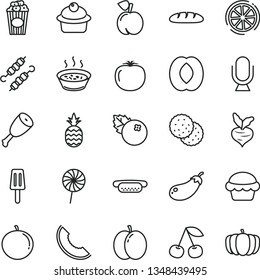 thin line vector icon set - microphone vector, loaf, mini hot dog, cake, muffin, porridge in a saucepan, chicken thigh, meat on skewers, lollipop, cup of popcorn, popsicle, blueberries, pineapple