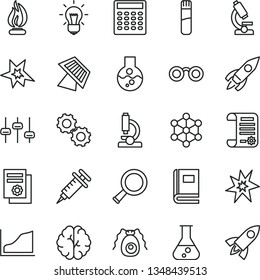 thin line vector icon set - rocket vector, research article, scientific publication, flask, test tube, microscope, glasses, zoom, bulb, brain, gears, settings, bactery, book, flame, calculator, bang