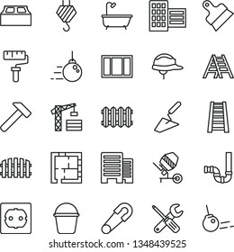 thin line vector icon set - paint roller vector, safety pin, tower crane, hook, big core, trowel, concrete mixer, window frame, small tools, bucket, stepladder, ladder, bath, siphon, laying out