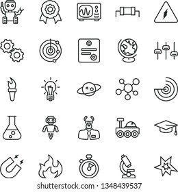 thin line vector icon set - flask vector, microscope, molecule, electricity, bulb, gears, settings, globe, oscilloscope, magnet, flame, scientist, graduate hat, radar, medal, robot, saturn, patente
