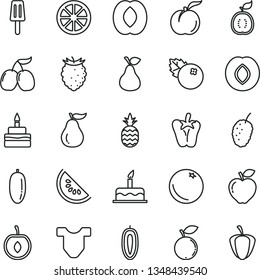thin line vector icon set - Child T shirt vector, cake, birthday, peper, popsicle, blueberries, a pineapple, pear, orange, ripe peach, red apple, plum, tasty raspberry, blueberry, mulberry, cornels