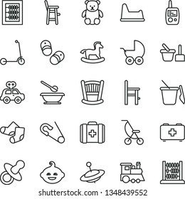 thin line vector icon set - cradle vector, dummy, new abacus, baby stroller, summer, open pin, Knitted Socks, bag of a paramedic, medical, motor vehicle present, toy mobile phone, sand set, child
