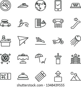 thin line vector icon set - earth vector, car baggage, taxi, hang glider, motorcycle, airport tower, escalator, plane ticket, phone registration, arrival, hotel, arnchair under umbrella, disco ball