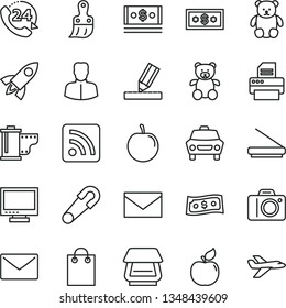 thin line vector icon set - monitor vector, camera, envelope, roll, rss feed, safety pin, teddy bear, small, plastic brush, drawing, car, 24, apricot, tasty plum, woman, cash, bag, printer, scanner