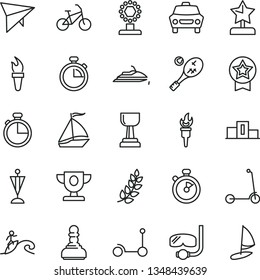 thin line vector icon set - stopwatch vector, Kick scooter, child, timer, car, flame torch, laurel branch, pedestal, prize, cup, gold, pawn, star reward, pennant, medal, sail boat, hang glider, bike