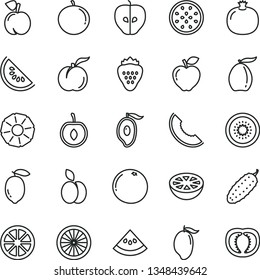 thin line vector icon set - cucumber vector, strawberry, apple, peach, ripe, pomegranate, red, tasty, slice of melon, water, mango, half, loquat, tangerine, cherry, lemon, juicy, kiwi, passion fruit
