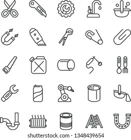 thin line vector icon set - scissors vector, open pin, iron fork spoons, adjustable wrench, arm saw, ladder, sewerage, gear, knife, stationery, kitchen faucet, clip, tin, soda can, canister, magnet