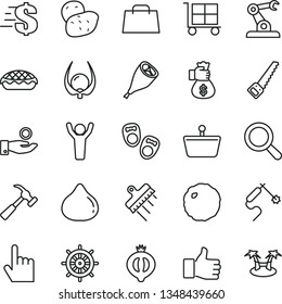 thin line vector icon set - cargo trolley vector, magnifier, dollar, shoes for little children, arm saw, spatula, hammer with claw, index finger, apple pie, grill chicken leg, cabbage, fig, physalis