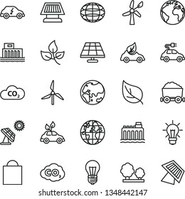 thin line vector icon set - sign of the planet vector, paper bag, solar panel, big, leaves, leaf, windmill, wind energy, bulb, hydroelectric station, hydroelectricity, trees, eco car, electric, CO2