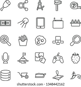 thin line vector icon set - zoom vector, small yule, Puzzles, building trolley, long meashuring tape, microphone, big data, artificial satellite, cake slice, chicken thigh, French fries, omelette