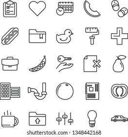 thin line vector icon set - paint roller vector, plus, folder bookmark, upload, baby duckling, child shoes, sewerage, city block, heart, suitcase, delete page, survey, Hot Dog, cup of tea, pear