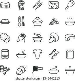 thin line vector icon set - deep plate with a spoon vector, iron fork spoons, piece of cheese, tin, pizza, spaghetti, noodles, mushroom, porcini, muffin, pie, bowl buckwheat porridge, rice, hot, jam