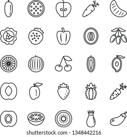 thin line vector icon set - carrot vector, strawberries, cherry, half apricot, squash, tasty apple, raspberry, rose hip, water melon, of mango, goji berry, peach, date fruit, slice tangerine, sweet