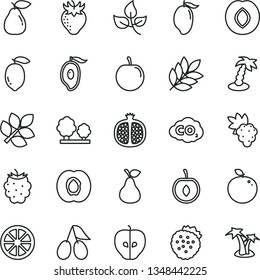 thin line vector icon set - strawberries vector, pear, half apricot, pomegranate, grape, tasty apple, plum, strawberry, cornels, blackberry, mango, of, cherry, lemon, juicy, delicious, leaves, trees