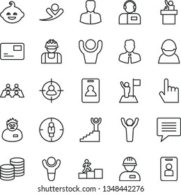 thin line vector icon set - image of thought vector, funny hairdo, workman, employee, index finger, pass card, operator, coins, racer, builder, woman, man in sight, goal, conversation, scientist