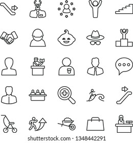 thin line vector icon set - zoom vector, woman, hat with glasses, summer stroller, funny hairdo, garden trolley, employee, speech, racer, court hearing, handclasp, hand bag, scientist, winner podium