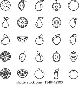 thin line vector icon set - strawberry vector, apple, pear, apricot, red, tasty mulberry, mango, half of, loquat, delicious plum, melon, water slice, tangerine, cherry, lemon, yellow, passion fruit