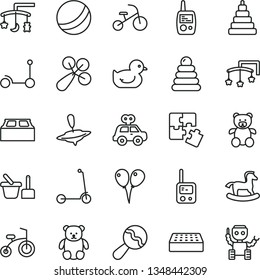 thin line vector icon set - toys over the cradle vector, cot, beanbag, baby rattle, duckling, bath ball, stacking rings, toy, motor vehicle present, phone, mobile, sand set, teddy bear, small, yule