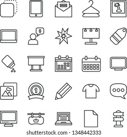 thin line vector icon set - laptop vector, monitor, calendar, clean sheet of paper, baby powder, received letter, picture, T shirt, hanger, label, copy, antique advertising signboard, pencil, speech