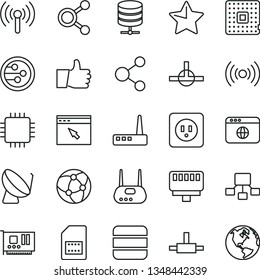 thin line vector icon set - power socket type b vector, star, thumb up, big data server, processor, satellite dish, SIM card, connection, connections, hierarchical scheme, cpu, pc, router, network