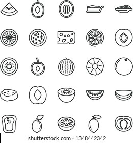 thin line vector icon set - piece of cheese vector, pizza, slices onion, cake slice, meat, sandwich, plum, water melon, delicious, half peach, cherry, lemon, kiwi, sour lime, orange, coconut, tomato