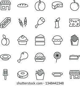 thin line vector icon set - piece of cheese vector, loaf, fried vegetables on sticks, Hot Dog, mini, burger, cake, muffin, slice, with a hole, plate milk, chicken leg, thigh, lollipop, French fries