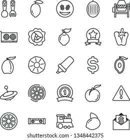 thin line vector icon set - warning vector, plastic fork spoons, children's train, yule, concrete mixer, building level, peper, ripe peach, squash, quince, melon, half of mango, loquat, lemon, juicy