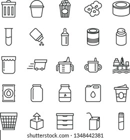 thin line vector icon set - wicker pot vector, bin, storage unit, mug for feeding, measuring cup, bottle, powder, baby, packing of juice with a straw, bucket, unpacking, canned goods, tin, popcorn