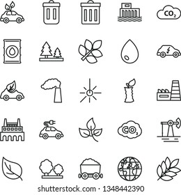 thin line vector icon set - bin vector, drop, apple stub, working oil derrick, leaves, leaf, manufacture, hydroelectric station, trees, forest, thermal power plant, industrial factory, eco car, CO2