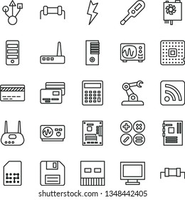 thin line vector icon set - floppy disk vector, monitor window, bank card, calculator, rss feed, electronic thermometer e, lightning, cards, math actions, processor, assembly robot, SIM, tower, usb