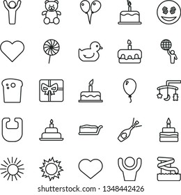 thin line vector icon set - heart symbol vector, toys over the cradle, bib, baby duckling, teddy bear, colored air balloons, balloon, cake, birthday, Easter, slice, torte, lollipop, giftbox, sun