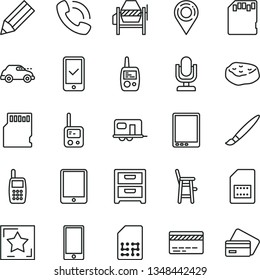 thin line vector icon set - tassel vector, desktop microphone, bank card, toy phone, mobile, a chair for feeding child, concrete mixer, smartphone, nightstand, piece of meat, retro car, SIM, pencil