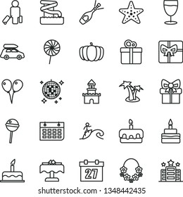 thin line vector icon set - daily calendar vector, colored air balloons, cake, gift, torte, birthday, Chupa Chups, lollipop, glass, pumpkin, wall, giftbox, sand castle, champagne, car baggage, hotel