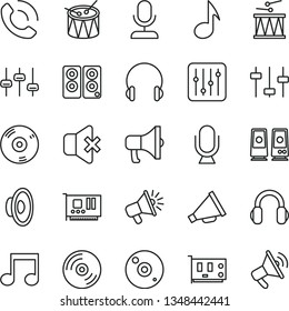 thin line vector icon set - horn vector, loudspeaker, drumroll, drum, headphones, microphone, CD, regulator, no sound, phone call, megaphone, pc card, speaker, note, settings