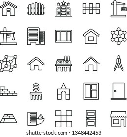 thin line vector icon set - house vector, box of bricks, dwelling, brick wall, window, frame, ntrance door, interroom, buildings, tile, ceramic tiles, hedge, paving slab, home, industrial enterprise