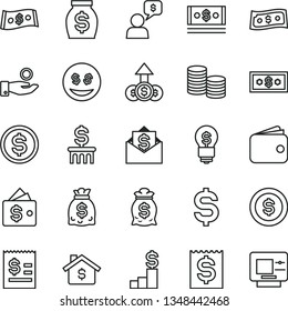 thin line vector icon set - coins vector, denomination of the dollar, article on, financial item, catch a coin, wallet, money, dollars, cash, mortgage, pedestal, bag, column, idea, eyes, growth, atm