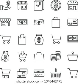thin line vector icon set - paper bag vector, grocery basket, bank card, cart, put in, with handles, cards, kiosk, coins, stall, shopping, front of the, dollar, get a wage, money, dollars, cash