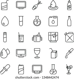 thin line vector icon set - measuring cup for feeding vector, e, packing of juice with a straw, drop, screen, glass soda, tea, can, liquor, round flask, canister, oil, bottle, monitor, test tube