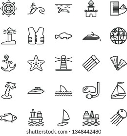 thin line vector icon set - anchor vector, small fish, sea port, commercial seaport, lighthouse, coastal, planet, sand castle, sail boat, hotel, beach, palm tree, starfish, flippers, diving mask