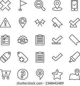 thin line vector icon set - warning vector, add bookmark, zoom out, check mark, cross, label, pennant, question, star, crossed cart, survey, location, geolocation, text highlighter, sale, clipboard