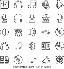 thin line vector icon set - bell vector, desktop microphone, horn, loudspeaker, silent mode, drumroll, drum, headphones, music, CD, regulator, volume, no sound, pc speaker, note, settings